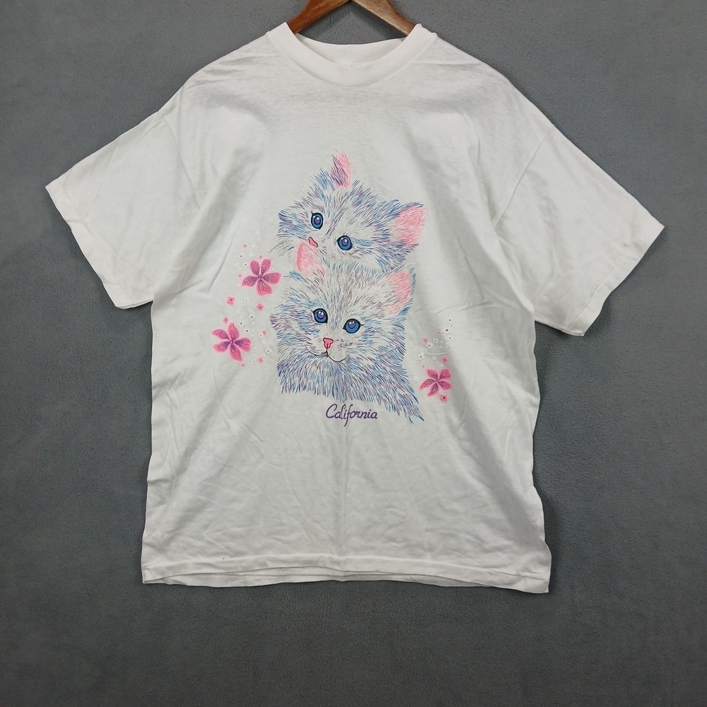 Big Bear T-Shirt Men Large White Cute Cats Graphic Cotton Crew Neck Short Sleeve
